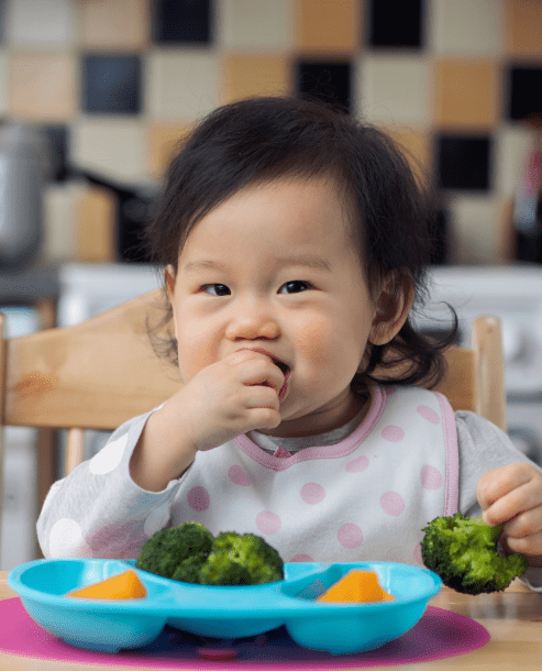 young baby eating broccoli in high chair